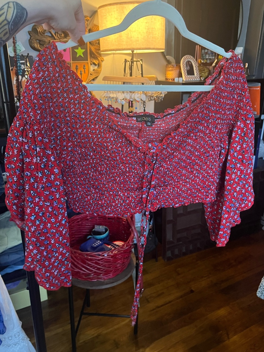 Weavers Red Floral Smocked Off the Shoulder Crop Top